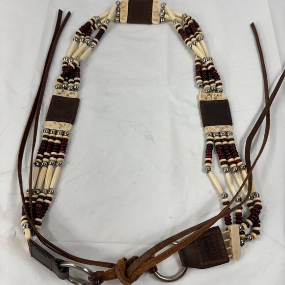 Vintage Southwestern Tie Belt Hairpipe Bone Beaded Leather - Picture 6 of 6